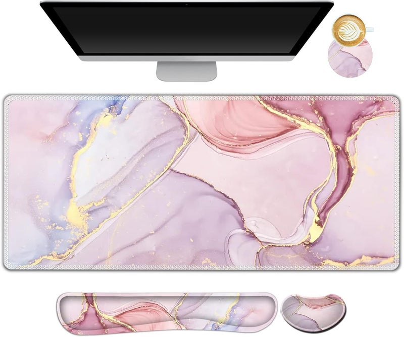 AIMSA Large Gaming Mouse Pad Set, Keyboard Wrist Rest Support Mouse Pad, Ergonomic Memory Foam Multifunctional Extended Desk Mat 35x15.7in Anti-Slip Rubber Base for Office Home, Pink Purple Marble - Image 1